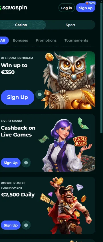Savaspin Casino promotions and rewards displayed in a mobile browser