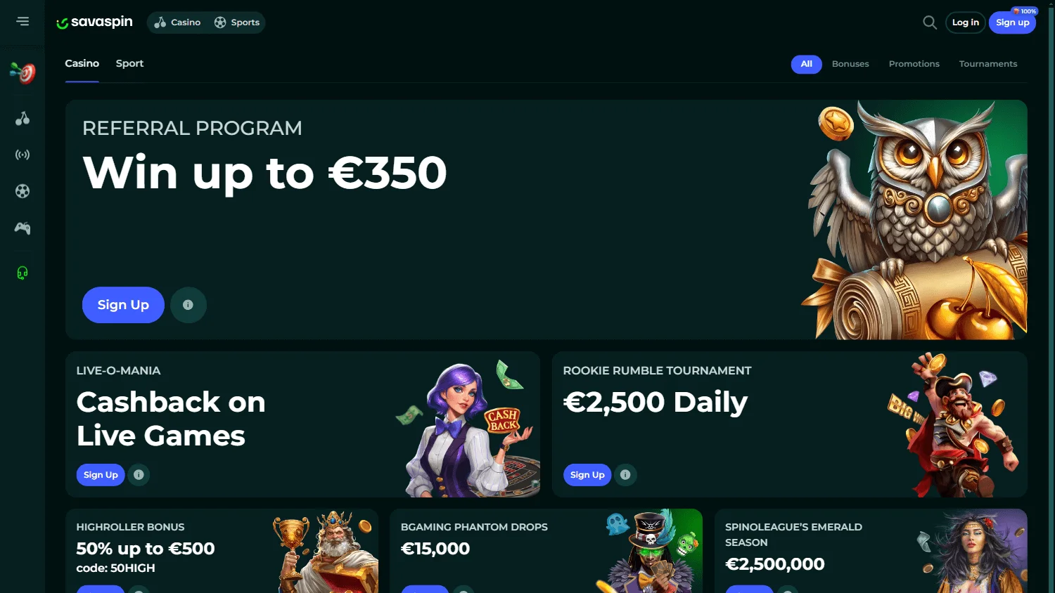 Savaspin Casino promotions and rewards displayed on a desktop screen